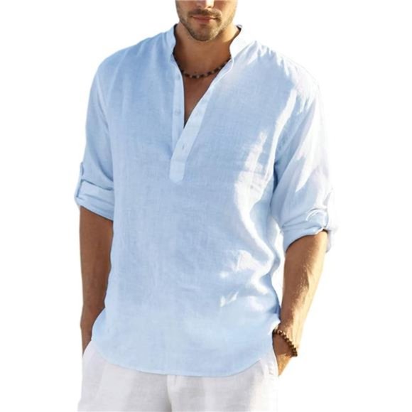 Other - Men's Cotton Linen Henley Shirt Long Sleeve Hippie Casual Beach T Shirts